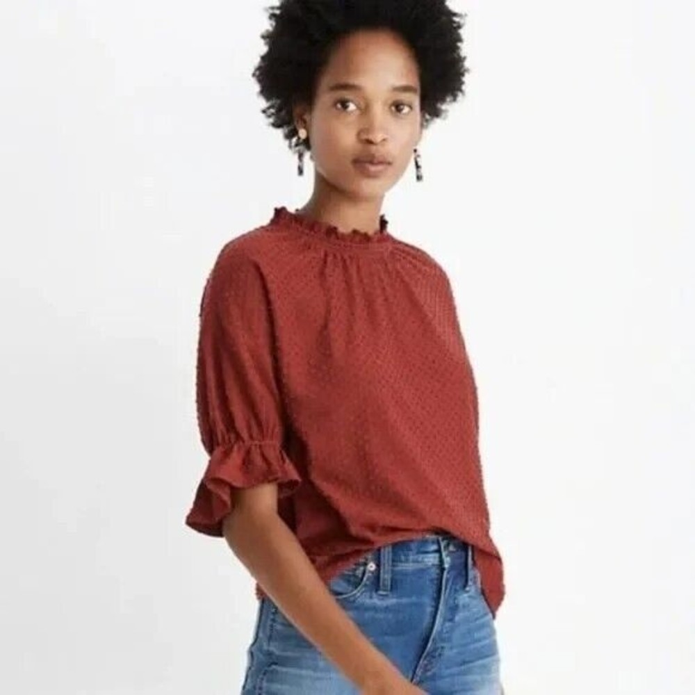 Madewell Texture And Thread Mock Top Women’s Sz M Rusty Orange Ruffle Detail